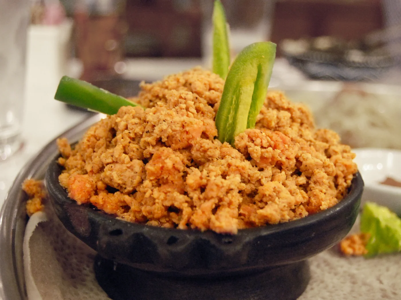 Kitfo (Ethiopian Minced Raw Meat) prepared recipe