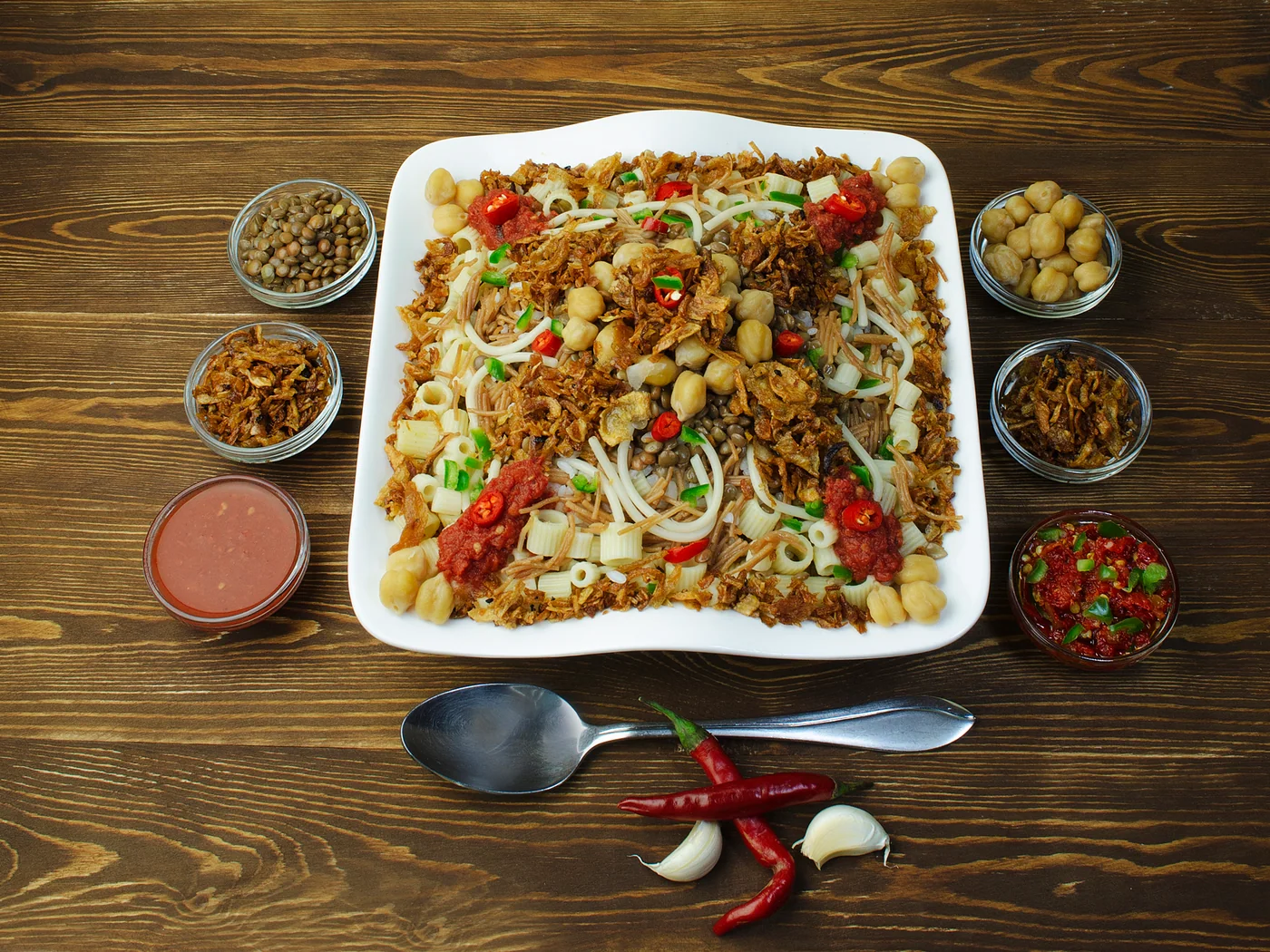 Koshari (Egyptian Rice with Pasta and Lentils) prepared recipe